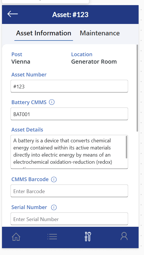 Power Maintenance asset-information form for battery and equipment records