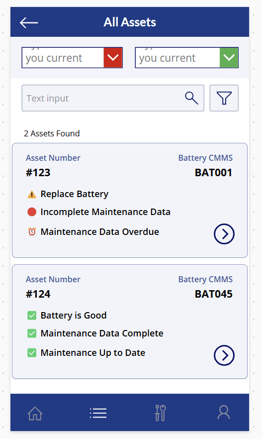 Power Maintenance asset list showing maintenance attention states