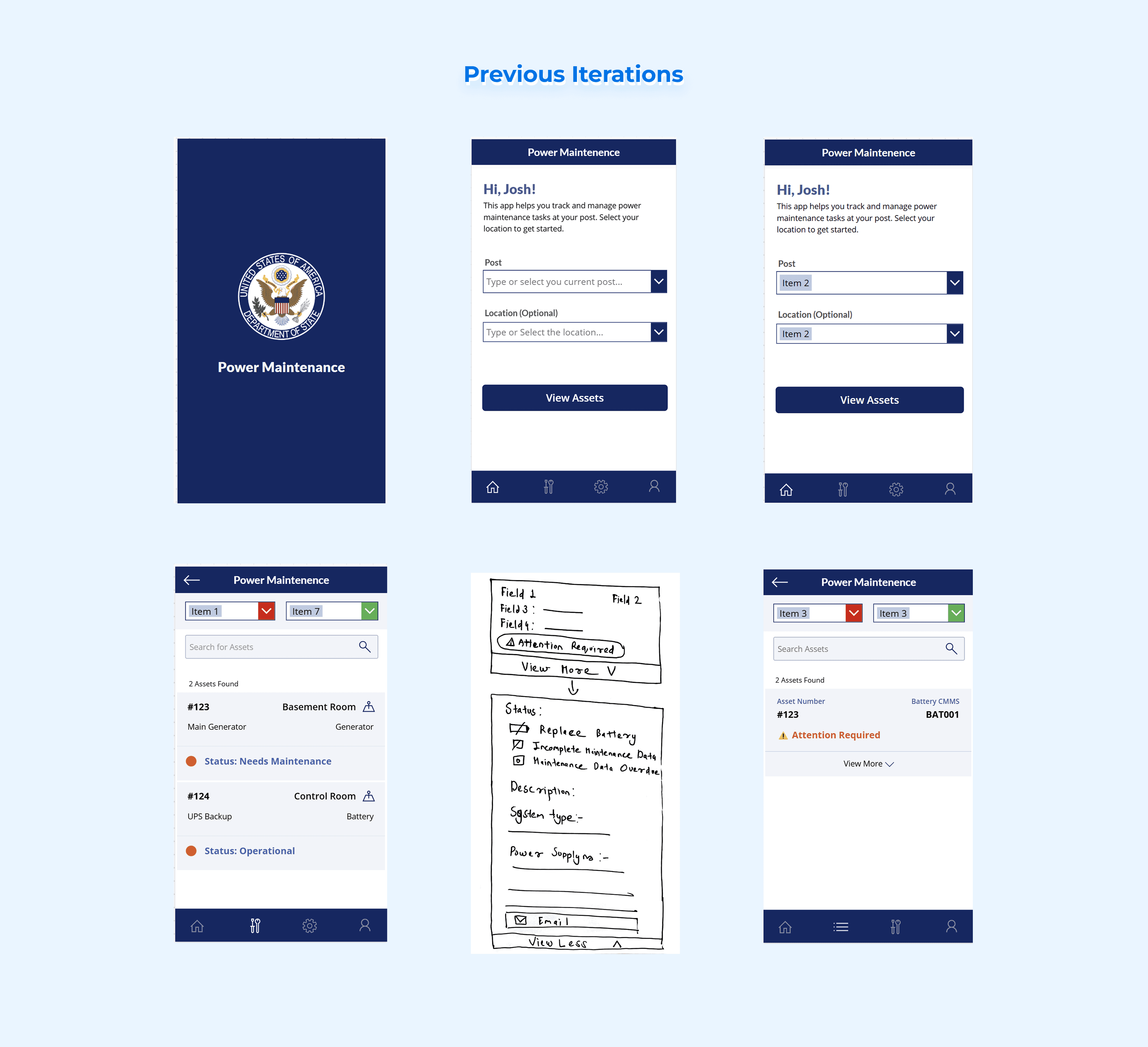 Power Maintenance iterations from initial screens and a hand-drawn attention state to the revised asset list