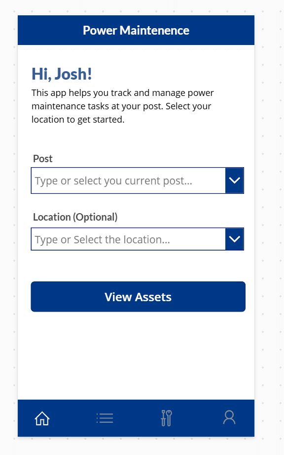 Power Maintenance post and location selection screen
