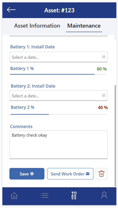 Power Maintenance battery entry screen with condition values and work-order action