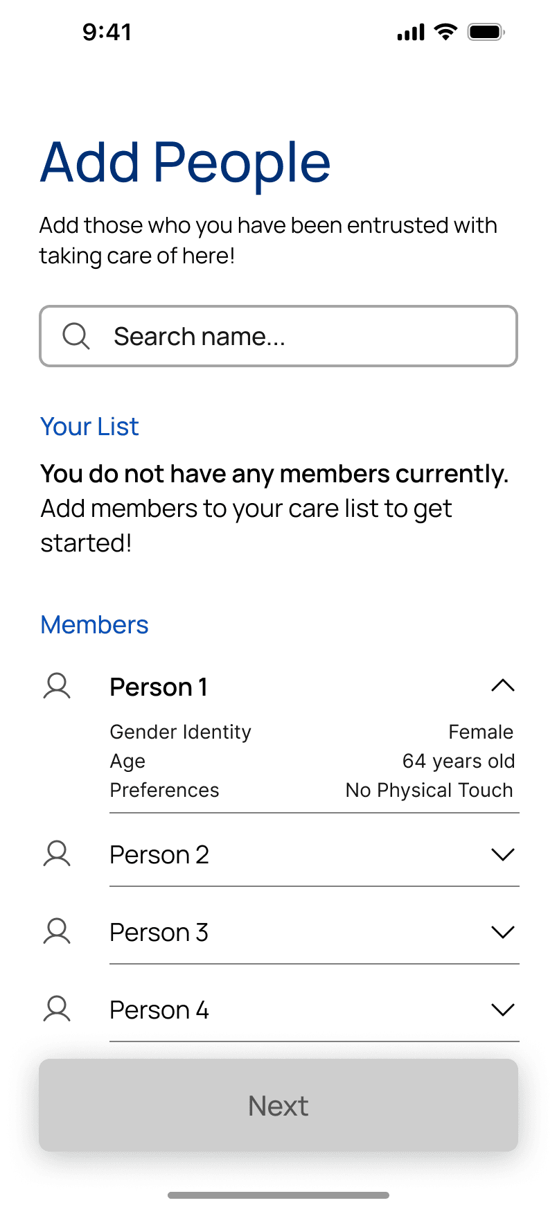 MEAD Add People screen showing an empty care list and available members