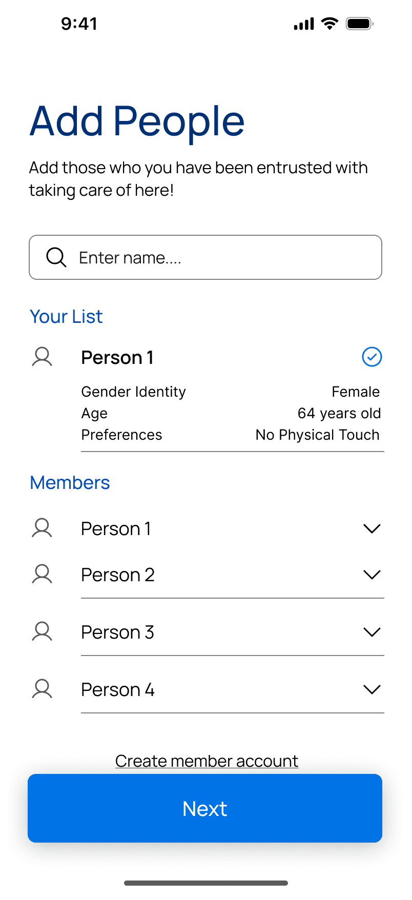 MEAD care list with a verified person selected and the next action enabled
