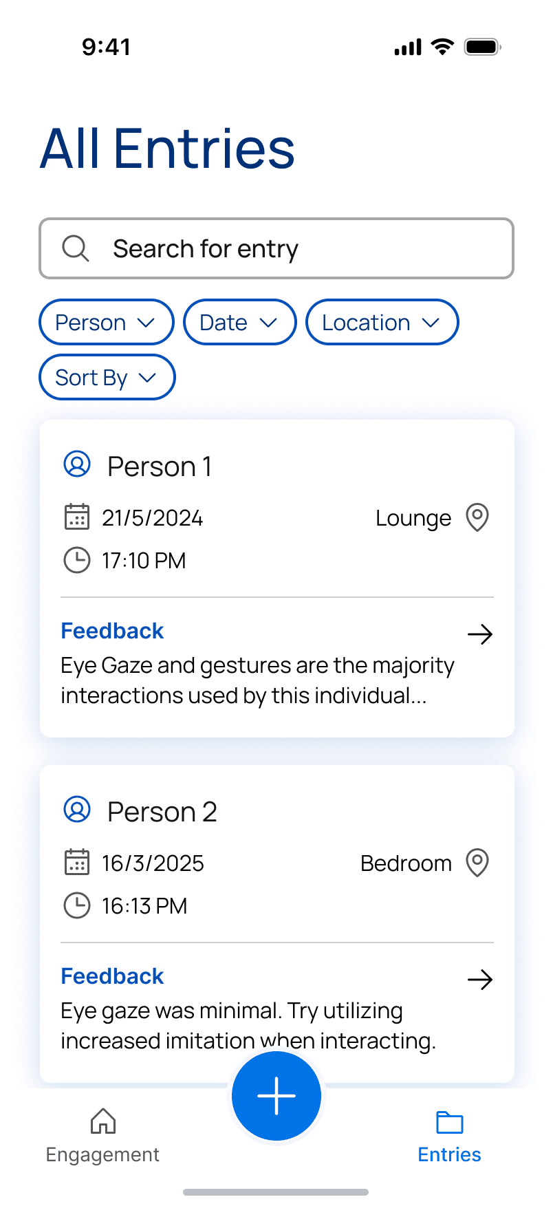 MEAD All Entries screen with filters and two entry summaries