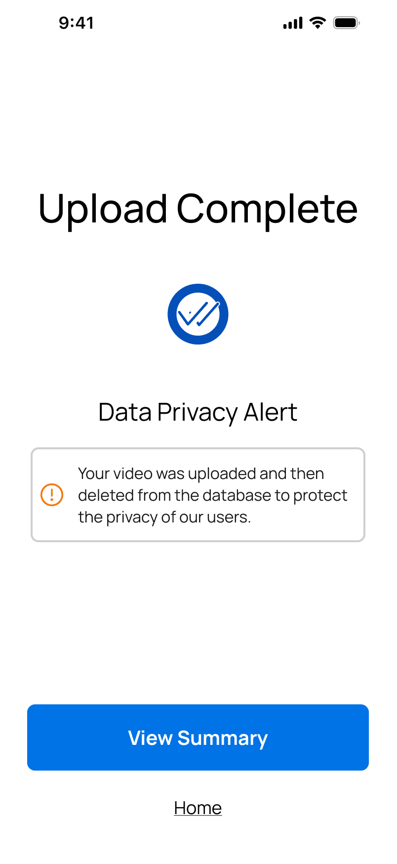 MEAD upload complete screen explaining that the video was deleted for privacy