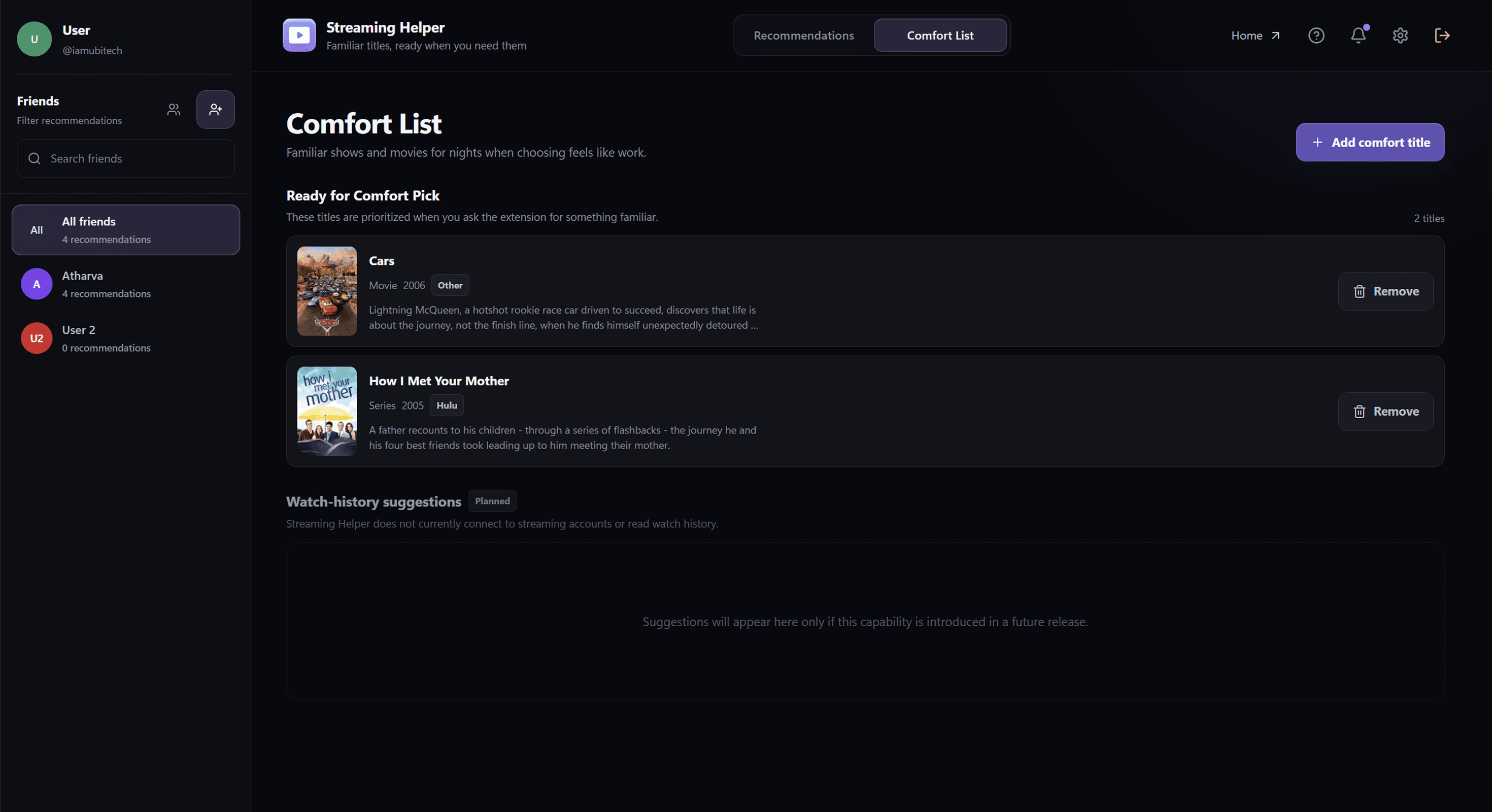 Streaming Helper Comfort List with familiar movies and shows saved for later.