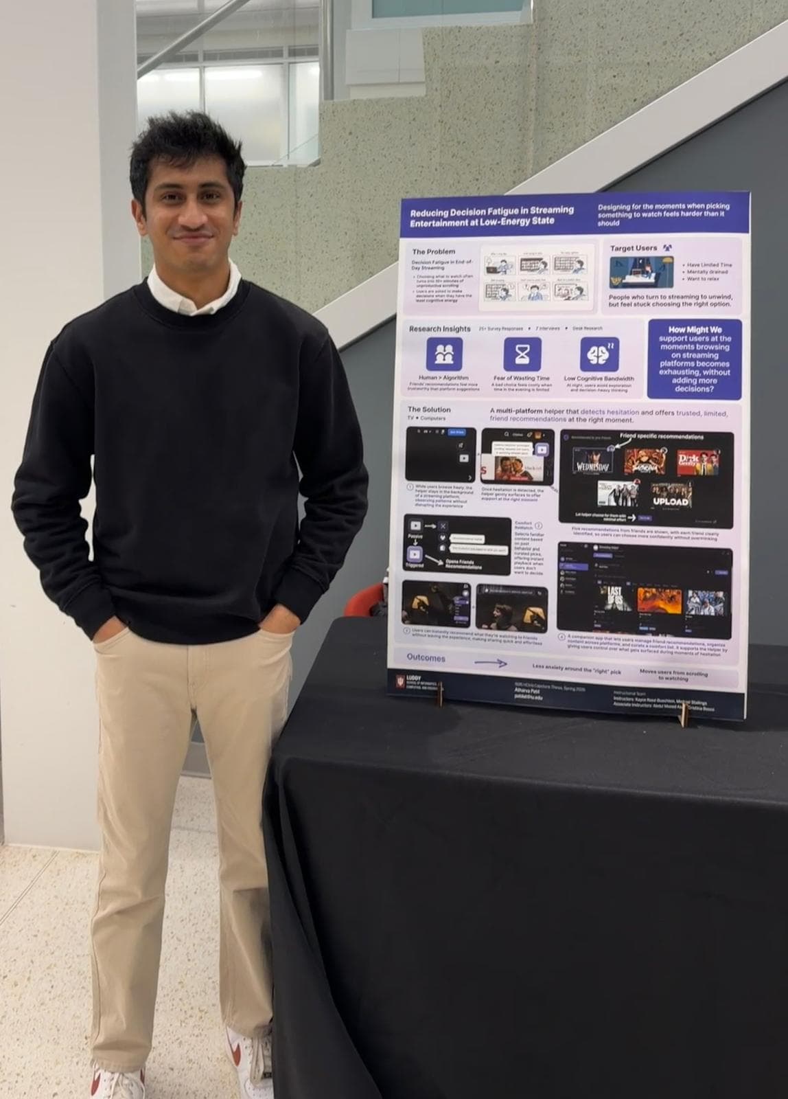 Atharva beside his research poster about decision fatigue in streaming